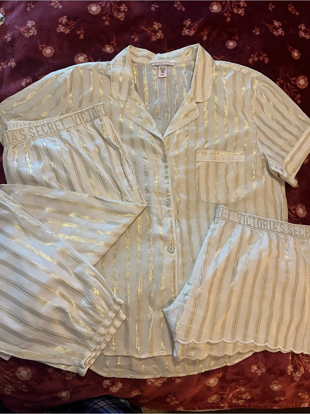 Victoria's Secret three piece Ivory and Gold Striped Pajama Set
